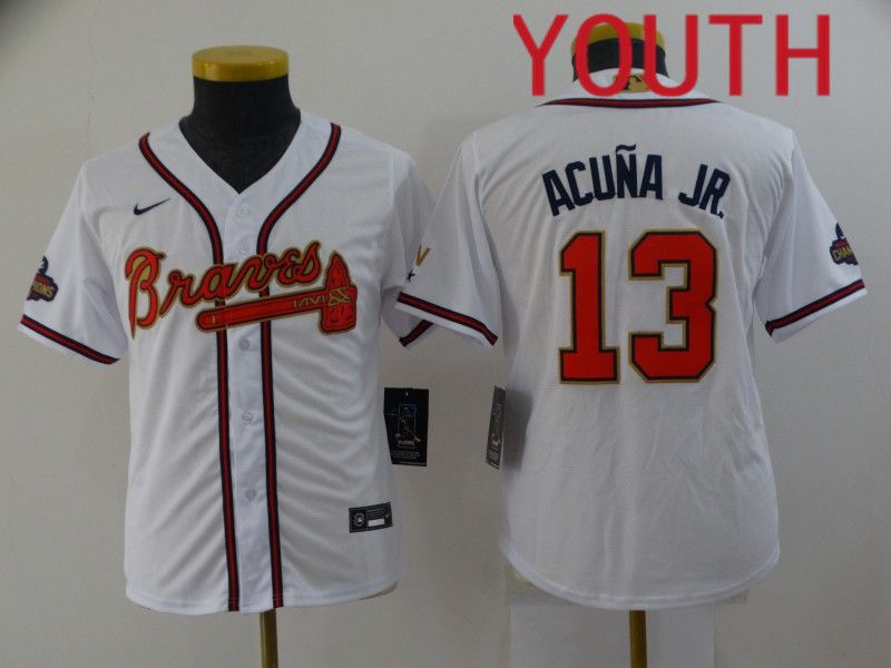 Youth Atlanta Braves 13 Acuna jr White Gold Game Nike 2022 MLB Jersey